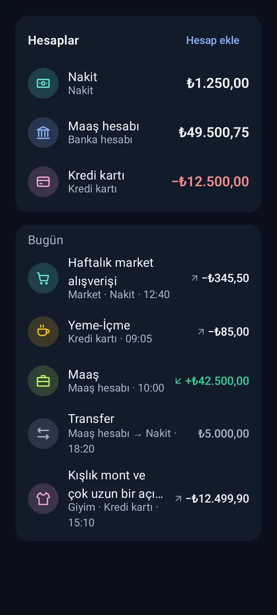 Koyu tema: Hesaplar ve günün işlemleri