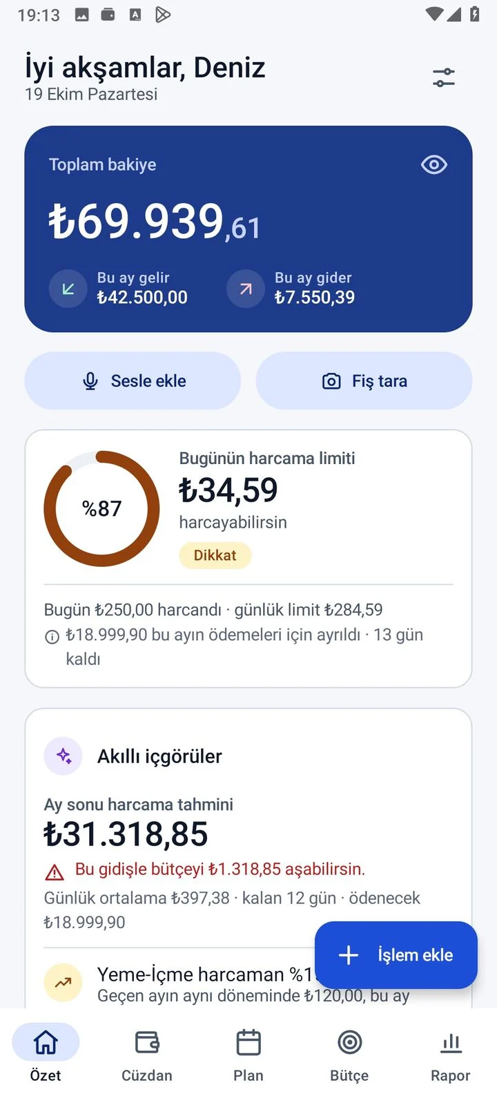 Lixi Wallet Özet ekranı: toplam bakiye, bu ay gelir ve gider, günlük harcama limiti