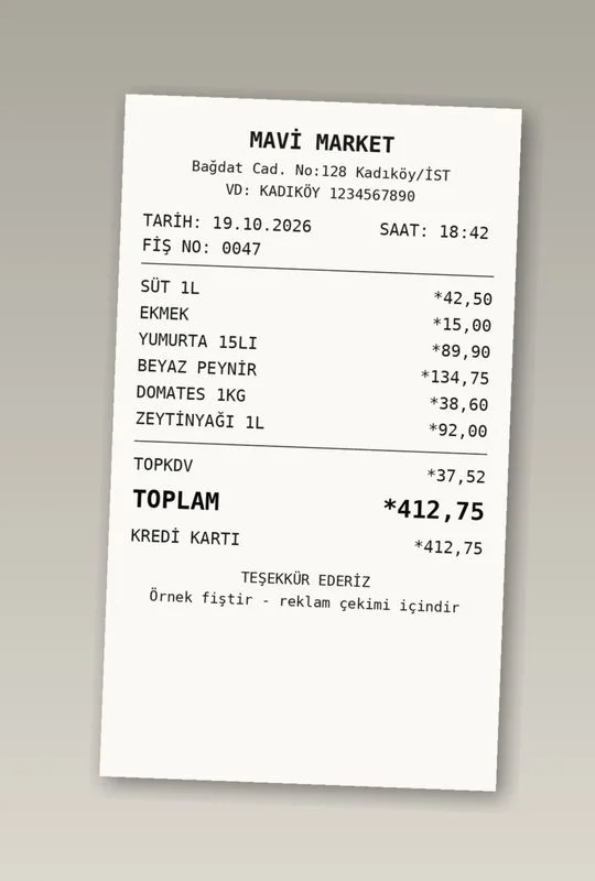 Örnek market fişi, toplam 412,75 TL